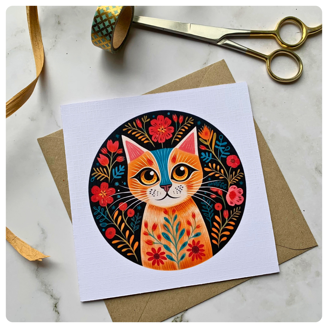 Folk Art Cat on Black - Greeting Card