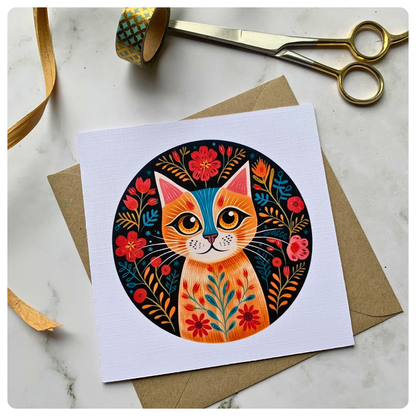 Folk Art Cat on Black - Greeting Card